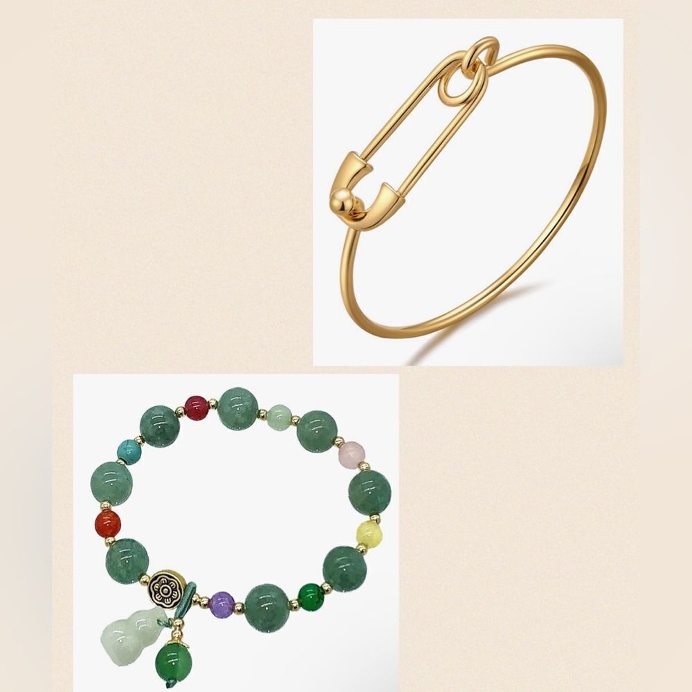 Handmade Chinese Wu Lou/Hu Lou Bracelet & Gold Silver Link Thin Cuff Bangle